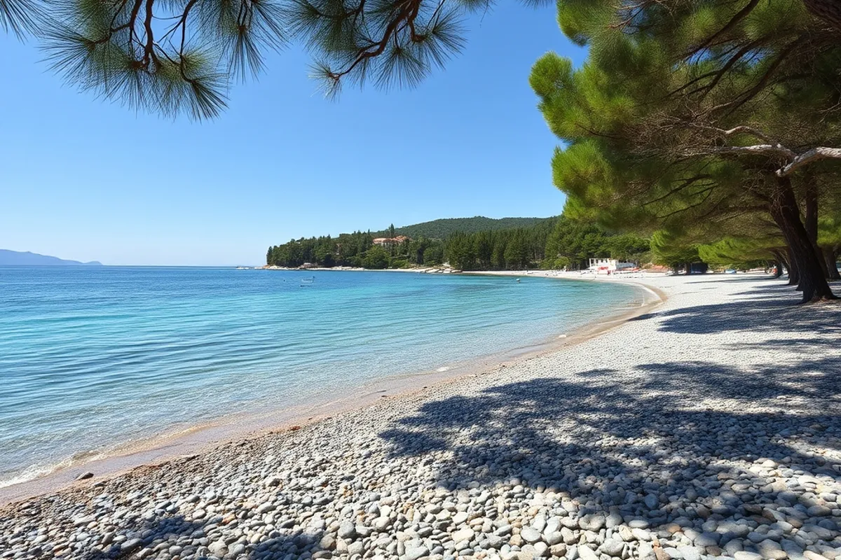 A pebble cove with pine shade is the Croatian beach standard, and it is better than it sounds.