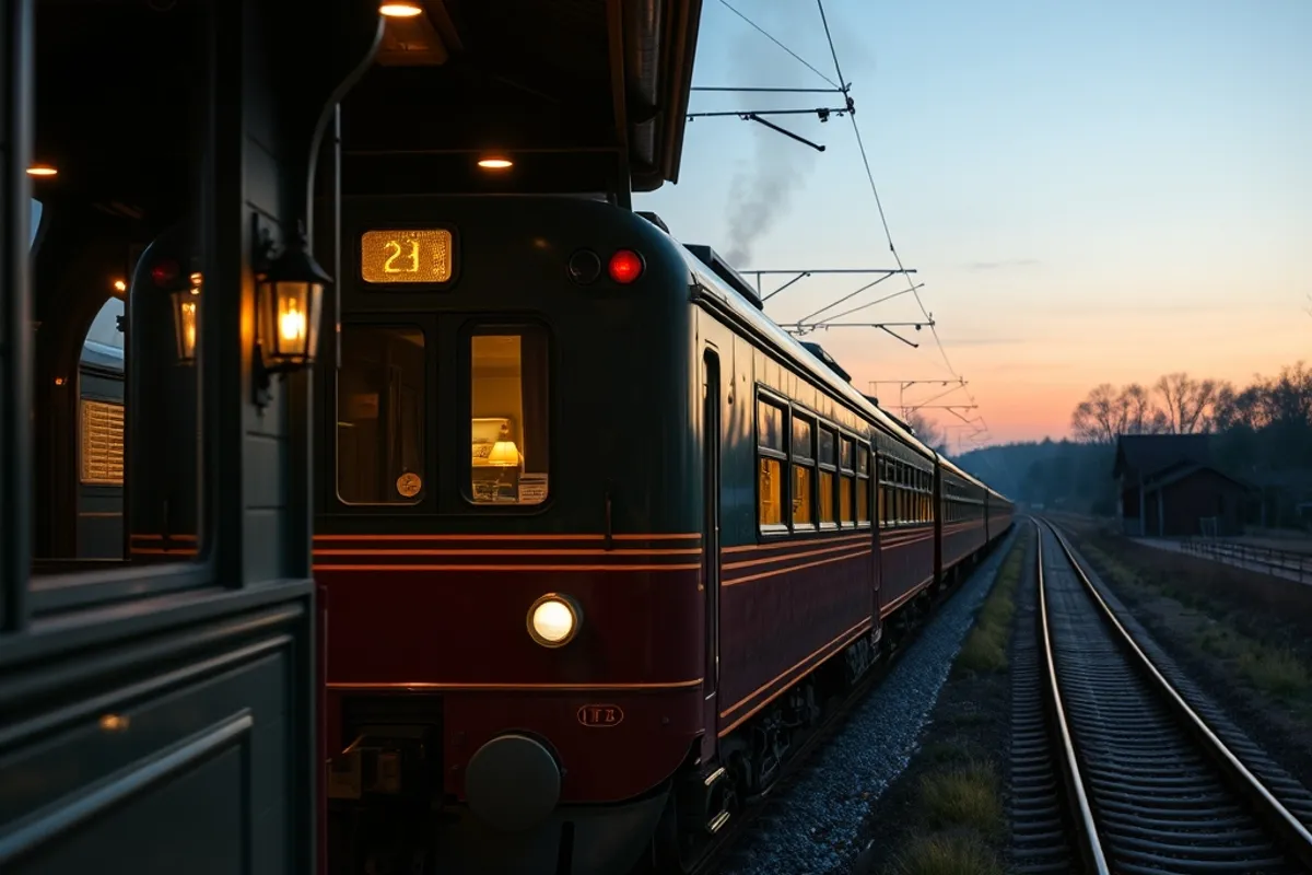 A rural station at dusk is part of the theatre; the train is the hotel.