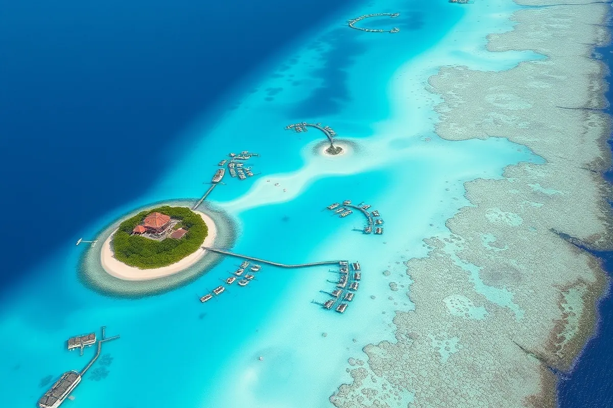 The atoll looks pristine from above; the house reef is what matters underwater.