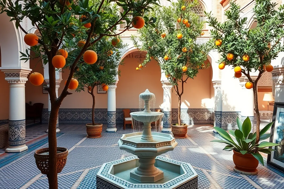 A riad courtyard is a private climate: shade, water and quiet behind an unremarkable door.