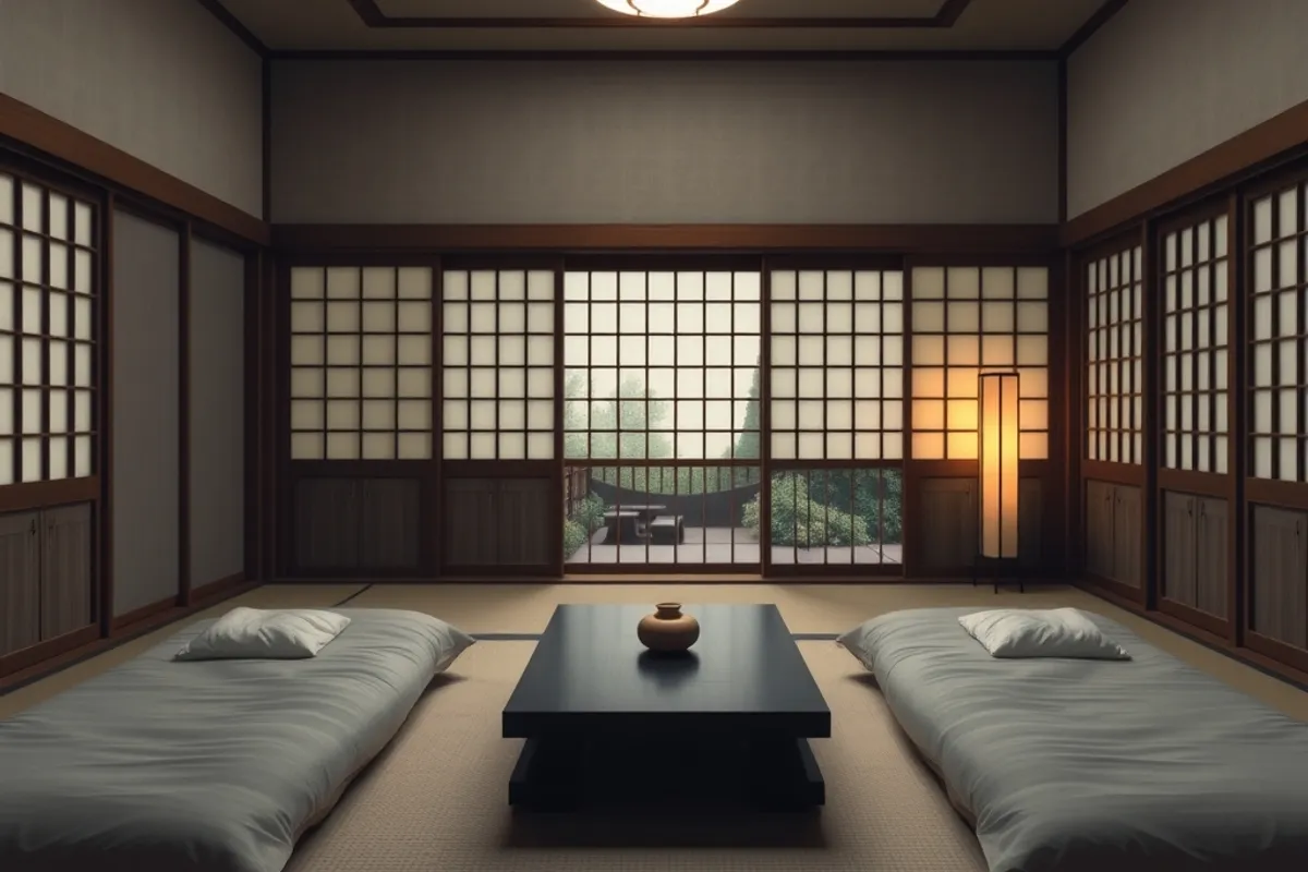 Tatami, a low table and a shuttered window: the room is designed to be cleared for sleep.